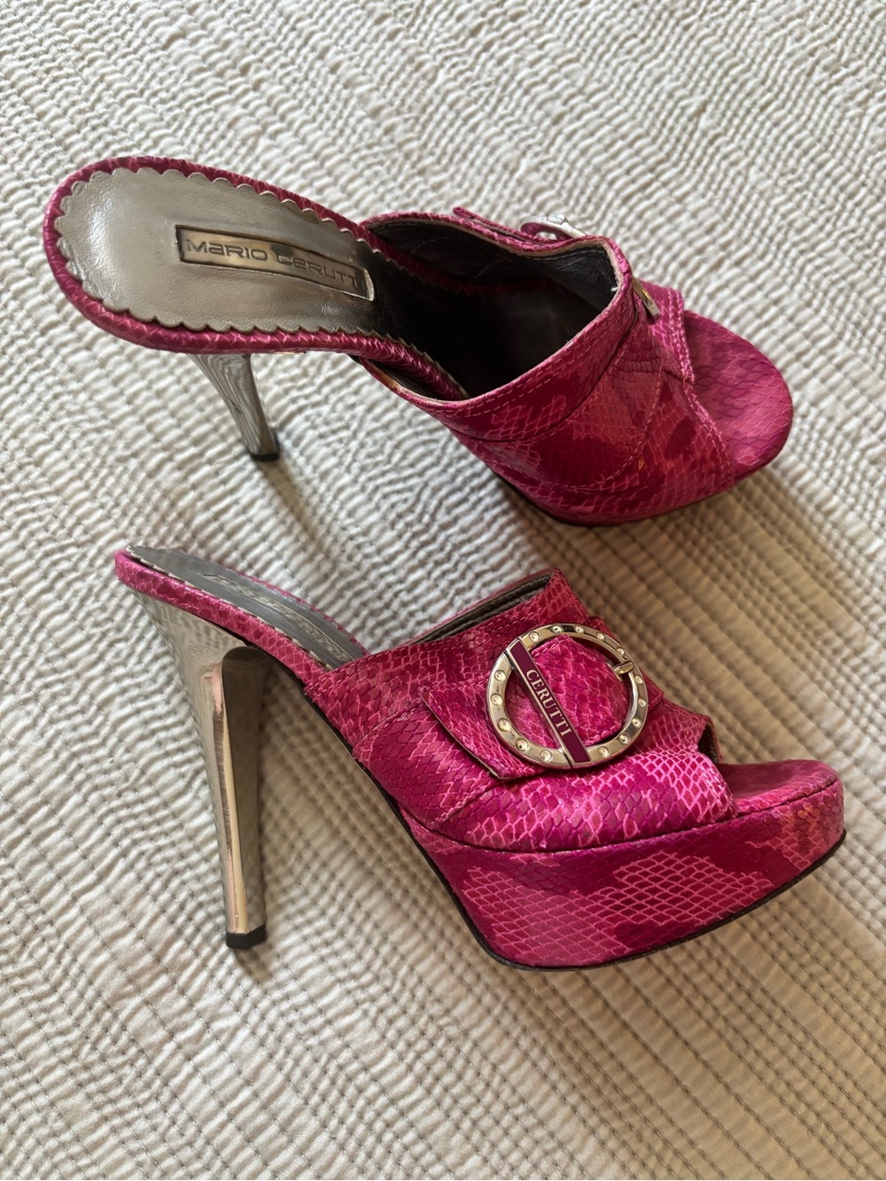 Mario Cerutti Hot Pink Sneak-skin Platform Heels Sandals Made In Italy 6/36